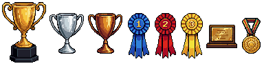 Gold, silver and bronze cups, three rosettes, a plaque and a medal