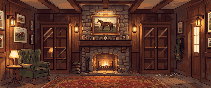 A wood-panelled trophy room with shelves of cups