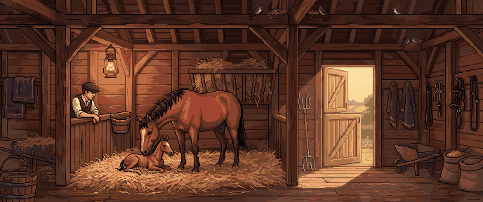 A mare and her foal in the foaling barn