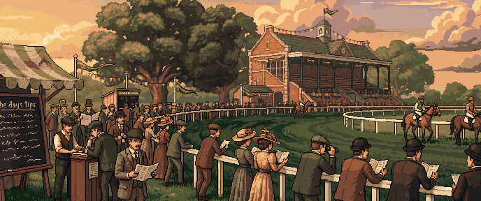 Racegoers studying form on the rail