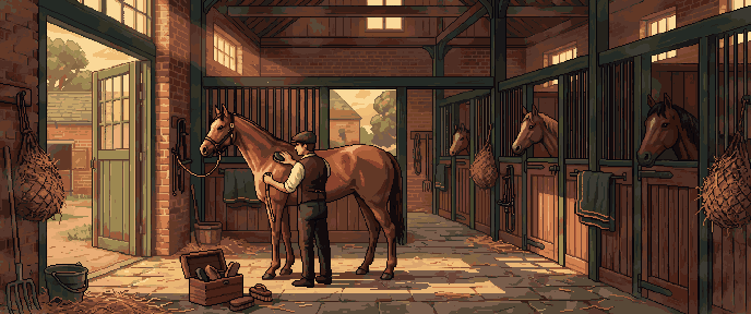 A groom brushing a chestnut in the stable aisle