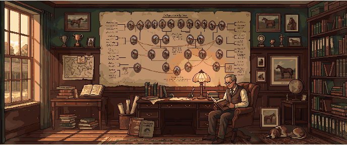 A pedigree family tree pinned across the study wall