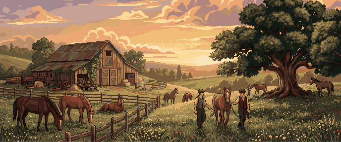 Retired horses grazing in the meadow at sunset