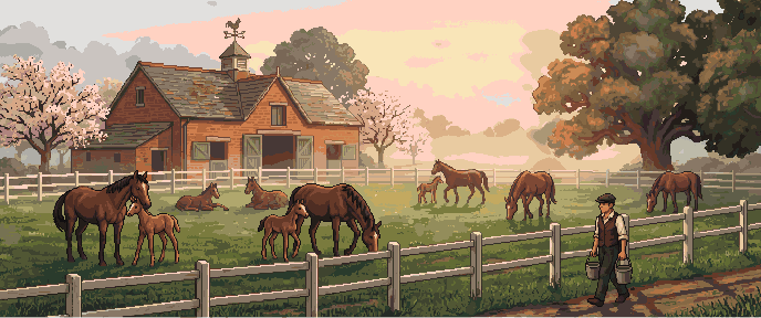 Mares and foals at the stud at dawn