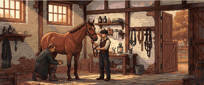 The vet checking a horse's foreleg in the vet room